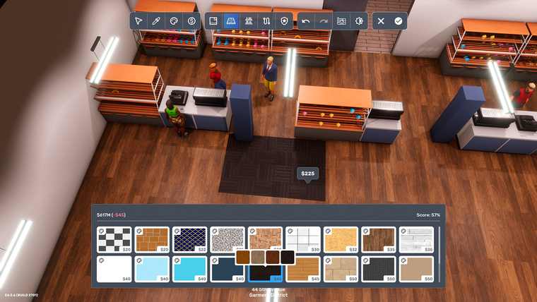 Interior design mode showing floor material swatches and a design score readout